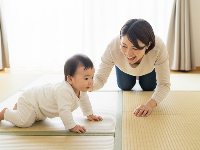 ハイハイをする赤ちゃんとママ