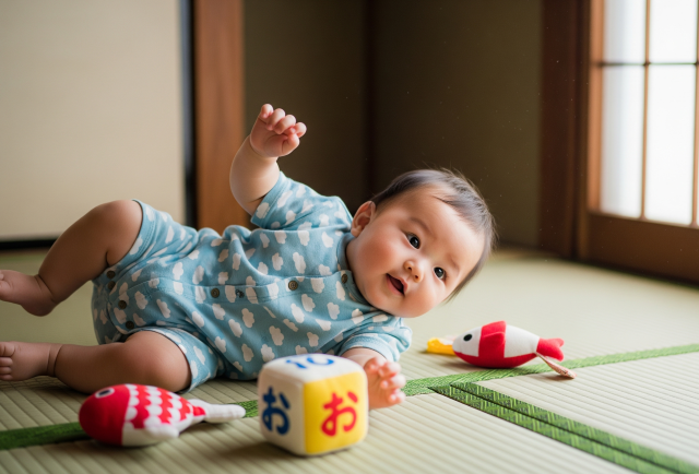 床で遊ぶ赤ちゃん