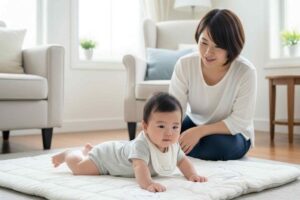 ハイハイする赤ちゃんと心配するママ