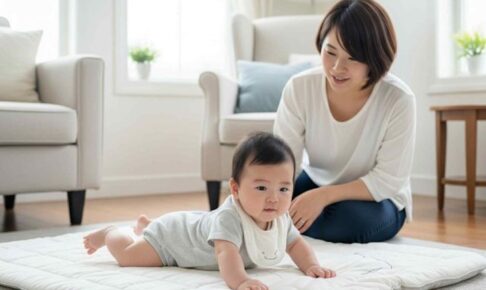 ハイハイする赤ちゃんと心配するママ