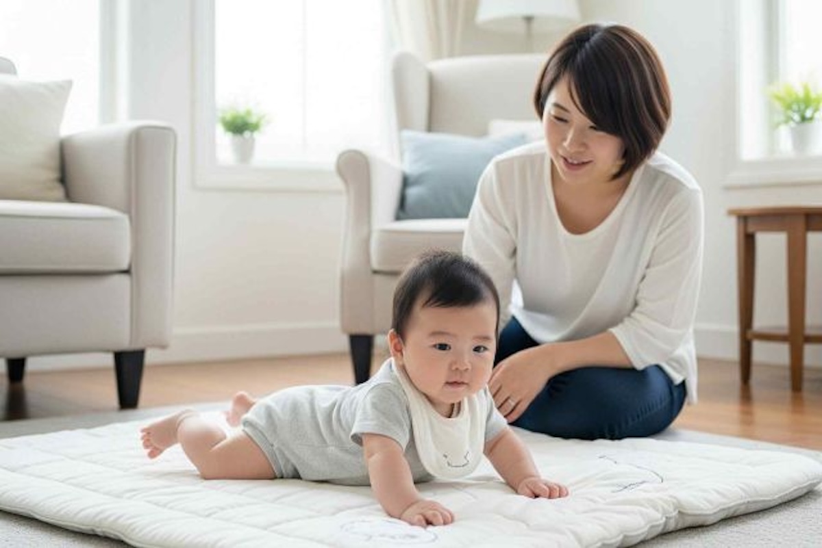 ハイハイする赤ちゃんと心配するママ